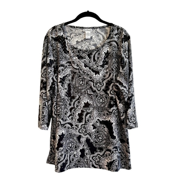 BONWORTH, BLACK & WHITE, PAISLEY PRINT TUNIC WITH LIGHT CATCHING SEQUINS. SIZE L - Picture 1 of 8